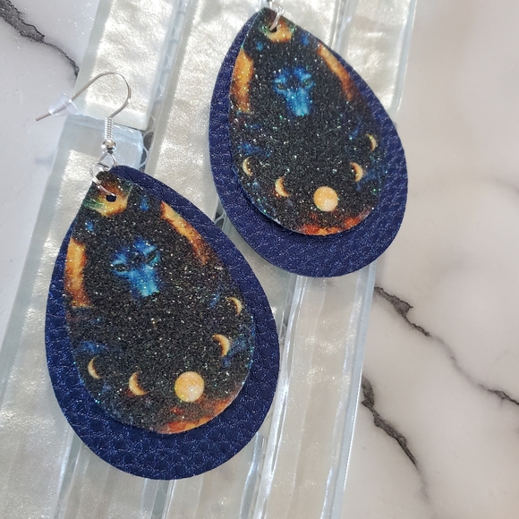 Wolf Moons Blue Faux Leather Teardrop Earrings - Picture 5 of 9
